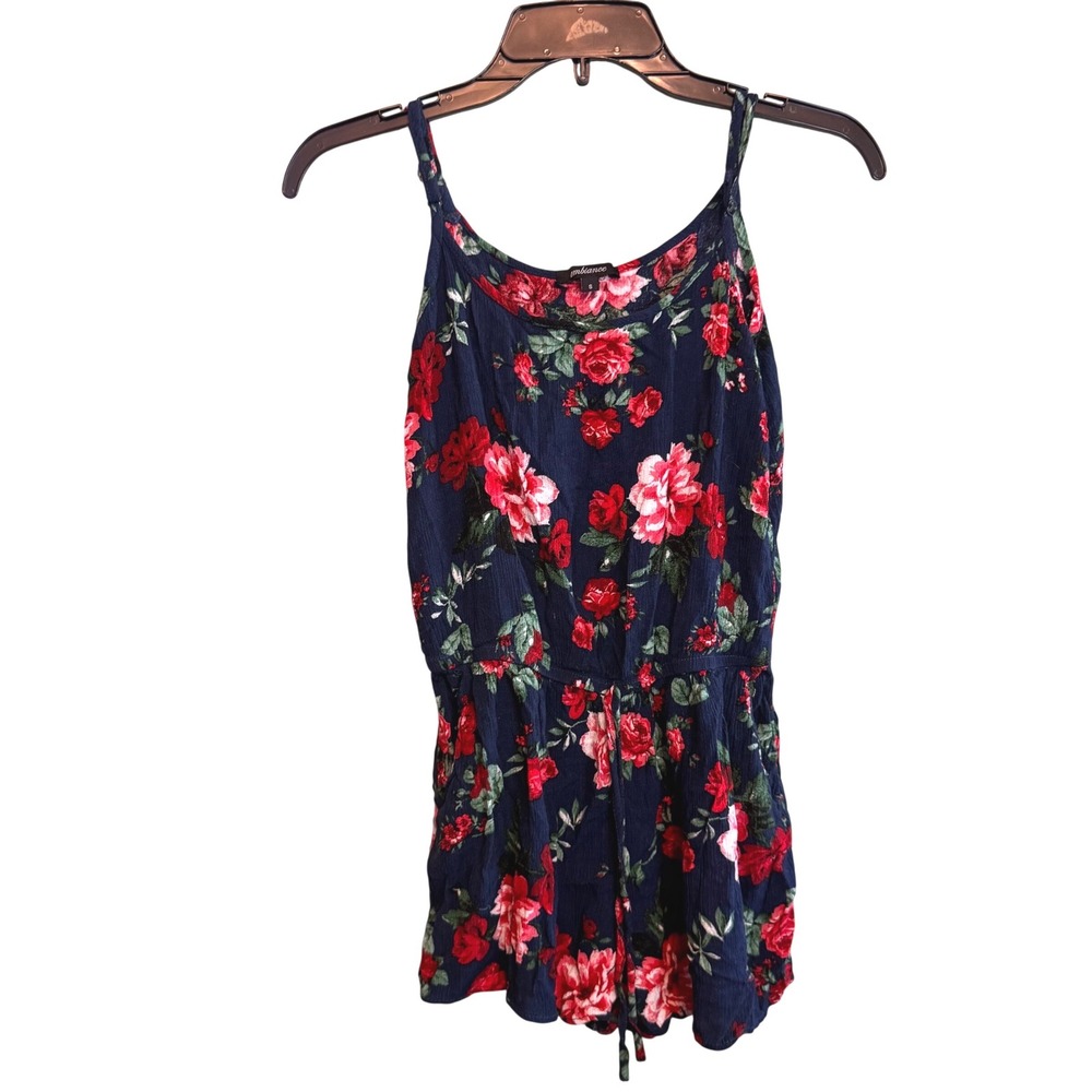 Ambiance Women Navy Blue‎ Red Floral Rose Romper Size Small Adjustable Straps
